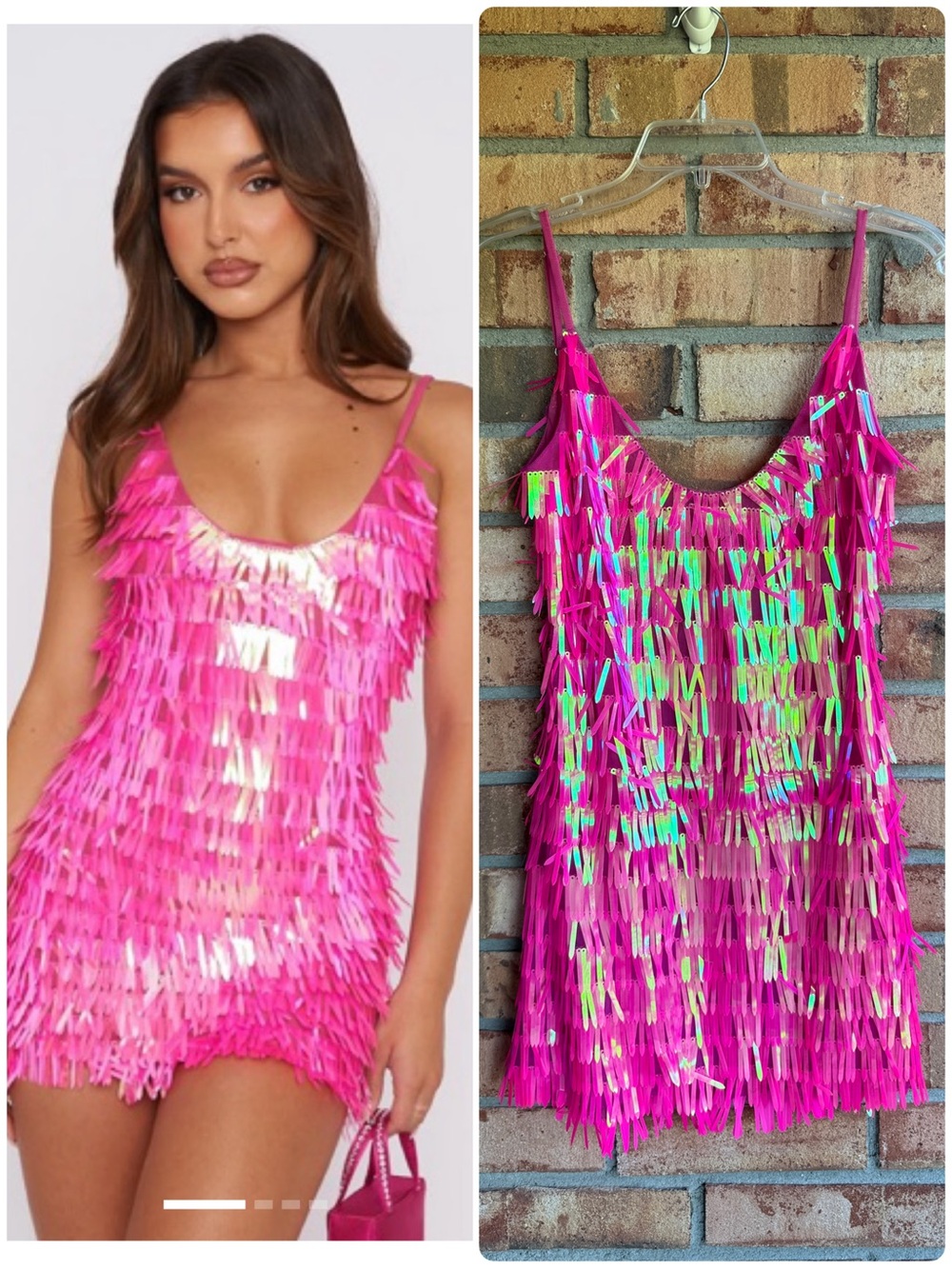 White Fox Boutique Hot Pink Sequin Fringe Slip Dress